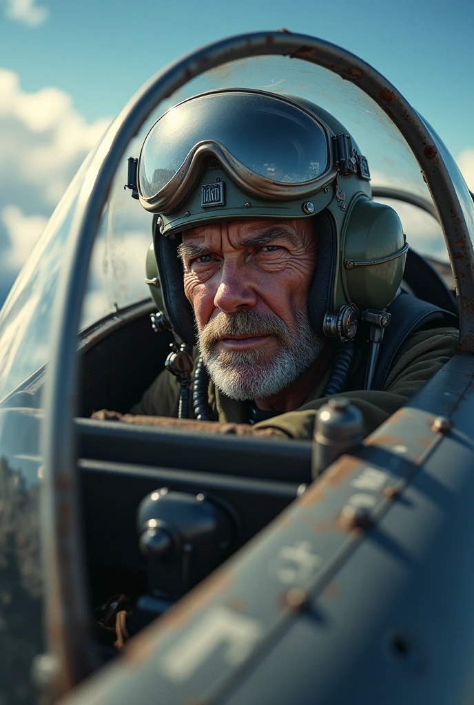 Airline Pilot on a Mission: A World War II airline pilot inside the cockpit of a P-51 Mustang, with a determined expression. He is surrounded by flight instruments, with the reflection of the sky and clouds on the cockpit glass.
"hyper realistic"