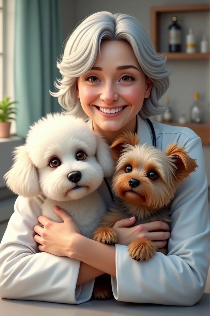 Draw a picture of a veterinarian hugging a white poodle and a Yorkshire terrier with short, spiky hair.