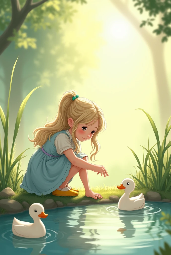 The girl with long wavy light blonde hair in two high ponytails, wearing her light blue dress and yellow shoes, kneeling by a small pond, gently touching the water with a soft smile as ducks swim by. https://www.seaart.ai/explore/detail/cr5okdle878c73de7n90