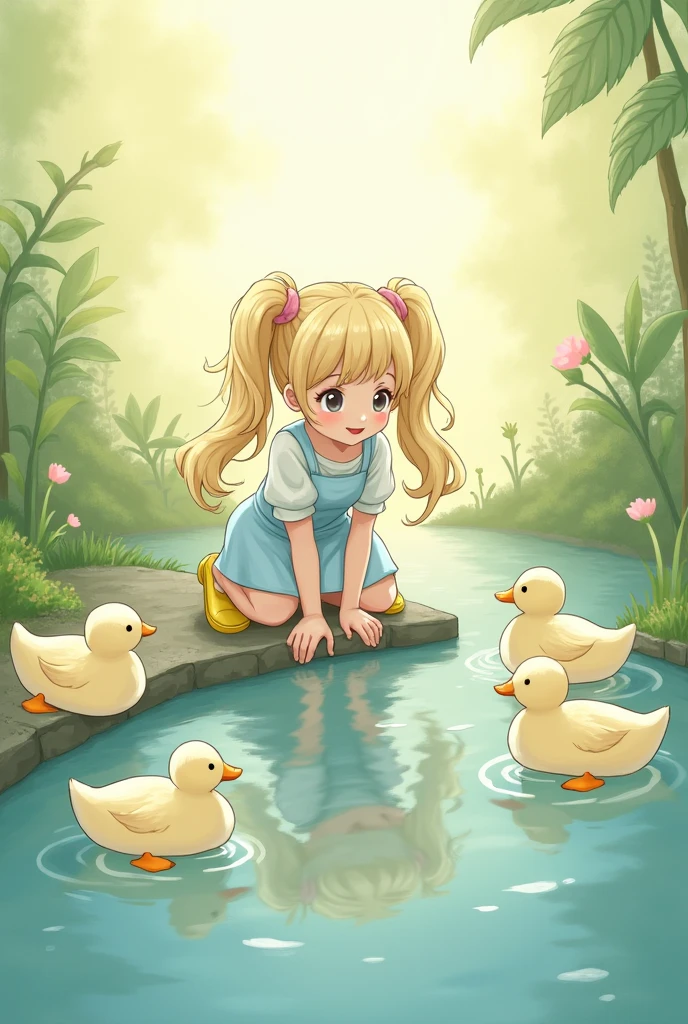 The girl with long wavy light blonde hair in two high ponytails, wearing her light blue dress and yellow shoes, kneeling by a small pond, gently touching the water with a soft smile as ducks swim by. https://www.seaart.ai/explore/detail/cr5okdle878c73de7n90