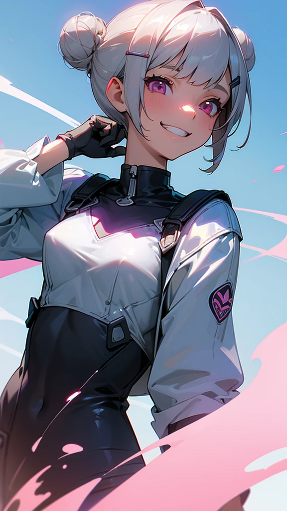 (Highest quality、Ultra-fine、Genuine)、1 person、Riders jacket、Small breasts、A silver short bob hair clip tied into a bun、Pink Eyes、From the side、gloves、Grin、blue sky、Upper body close-up、Sharp contours