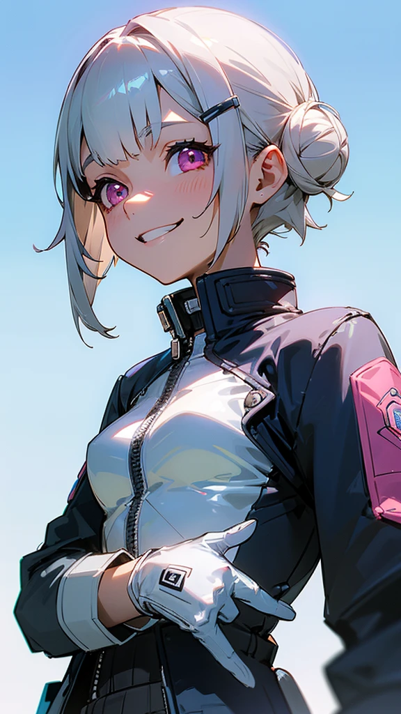 (Highest quality、Ultra-fine、Genuine)、1 person、Riders jacket、Small breasts、A silver short bob hair clip tied into a bun、Pink Eyes、From the side、gloves、Grin、blue sky、Upper body close-up、Sharp contours