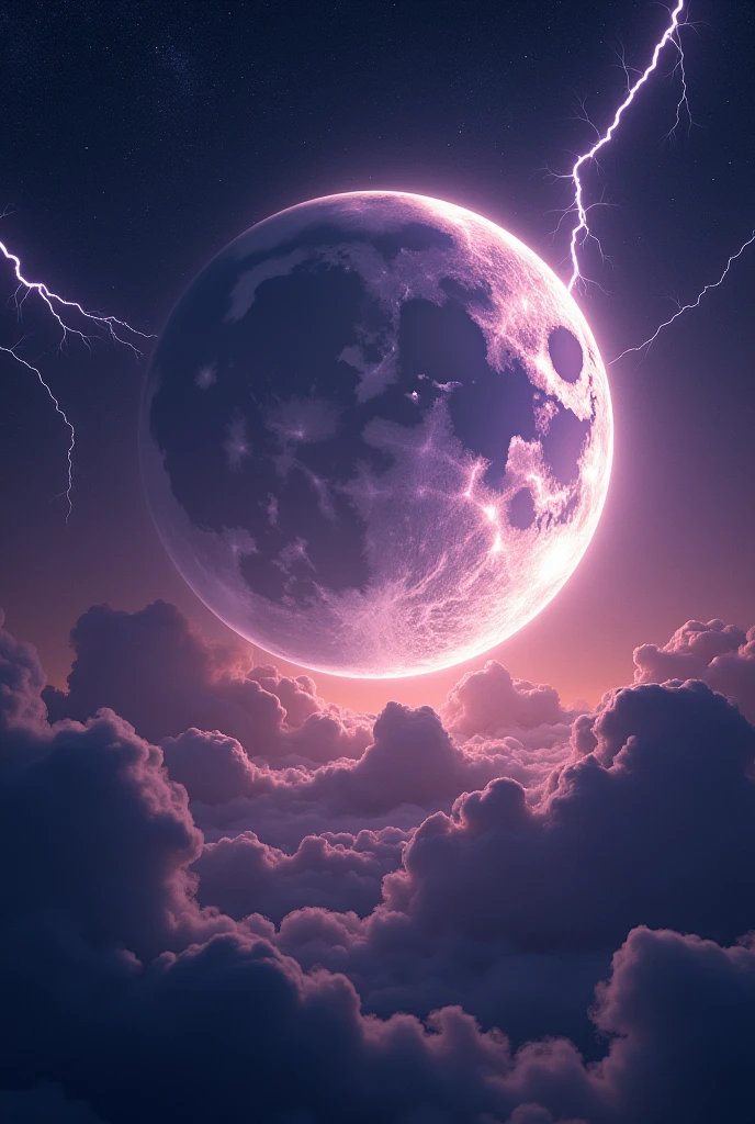 Big shiny crescent moon,purple sky with stars,realistic,lightning