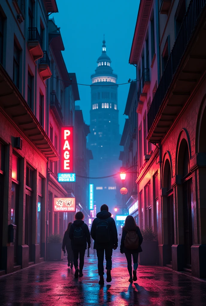Dark nighttime images of old buildings, with neon lights or something more lively. The camera can follow a group of students going to a secret location. As realistic and detailed as possible 