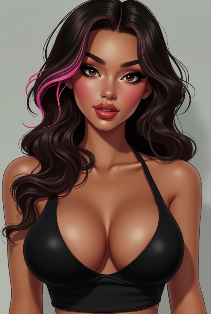 "A 2 woman with a striking appearance, a mix of Latina and other ethnic backgrounds, featuring a light skin tone. She has a curvy and attractive figure, exuding confidence. Her facial features are soft yet defined, with expressive eyes and full lips. Her hair is dark, possibly brown or black, with pink streaks, and styled elegantly to complement her overall look. She has a light skin tone. She does not have a cleft chin, and her face is smooth and well-proportioned. She is dressed in a modern, fashionable outfit that enhances her figure. The image must be hyper-realistic, with detailed textures in her skin, hair, and clothing, and a background that subtly emphasizes her presence without distracting from her beauty."