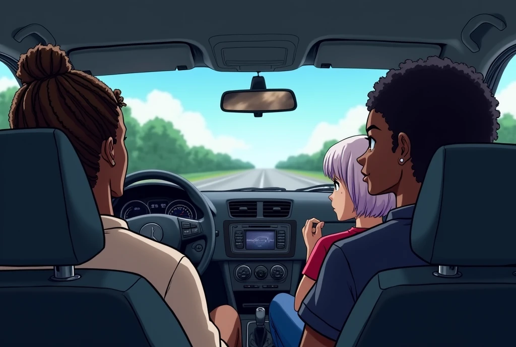 Interior of a car with a black male driver with braided hair and a ponytail, a black woman in the passenger seat and in the back seat a white girl with short hair and purple highlights, a road in the windshield view, Anime style back view
 
