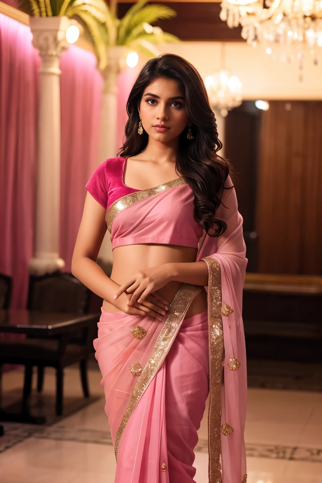 An indian Instagram model, wearing a pink velvet saree in a elegant looks, d size, elegant pose, in a pink background, rim light, warm lights, smoke, long glazing hair, spotlight illumination, rich shadows, sparkling bokeh, exquisite details, high-resolution, 35mm film, timeless elegance