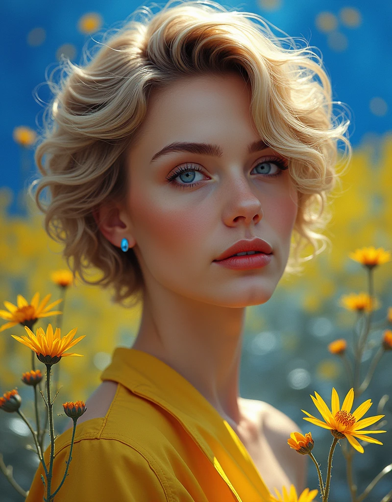 a beautiful ukrainian woman with blonde short curly hair, elegant and confident, digital art masterpiece, vibrant colors of blue and yellow, ukrainian flag, ukrainian flowers, coat of arms of ukraine, best quality,4k,masterpiece, not realistic,studio lighting,ultra-fine painting,sharp focus,physically-based rendering,extreme detail description,professional,vivid colors,bokeh,trending