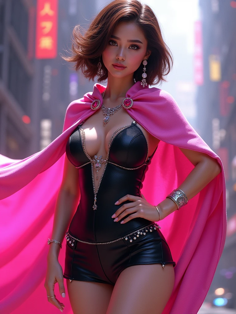 A pretty girl, short brown hair, wearing a tight black short dress, with a pink cape, sparkling jeweleries, sparkling beautiful eyes, sparkling pictures, highest quality, fantasy, vibrant colors, futuristic, superhero version, real cartoon 3D,