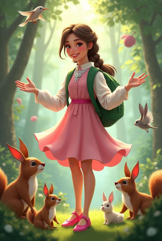 A in a pink dress and white shirt with a braid and a green backpack and pink shoes and a diamond necklace talking to the forest animals