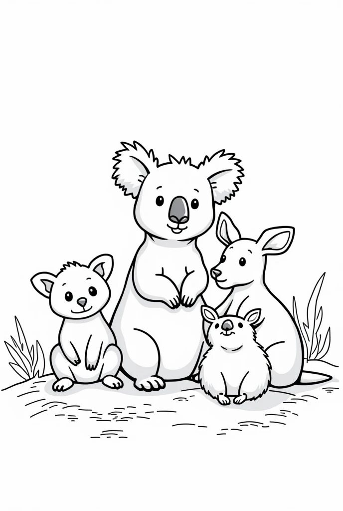 Un dessin de coloriage sur le theme animaux d’australie. en noir et blanc pour pouvoir qu’un enfant de 7ans puisse le colorier, avec un trapeau sur le cote droit et une legere discription de l’animal a dessiner
