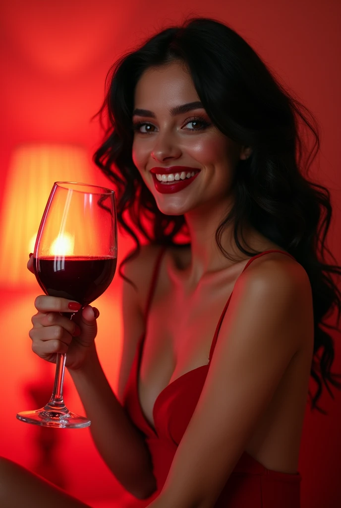 25 yo, middle Eastern, Fit , white skin , black wavy hair,  lipstick, wearinga red half naked dress , red high heels, drinking wine , dancing , happy ,drunk