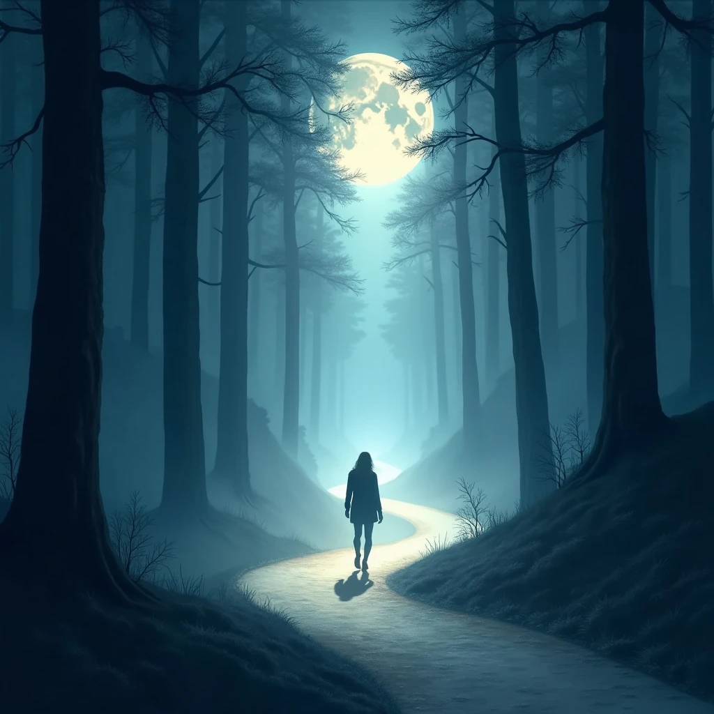 Illustrate a peaceful, moonlit forest with a path illuminated by soft, ethereal light. A person walks alone, guided by this light, symbolizing belief without sight, trusting in the divine presence unseen but deeply felt.
