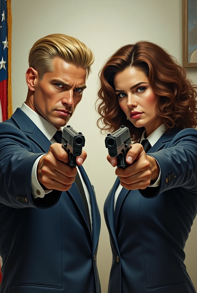 masterpiece, 2 commissioners with drawn weapons, weapon is a sig sauer p226, weapon aimed frontally, 1 man with blond hair shaved on the sides and hair combed to the side with blue eyes and a striking face, 1 woman with shoulder-length curly chestnut brown hair with light brown eyes, serious facial expression, realisti, both look frontally,