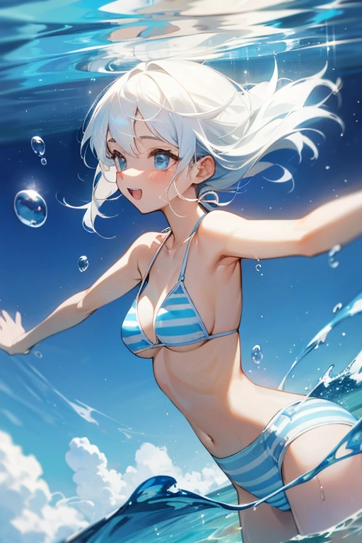 White haired girl wearing a striped bikini having fun with water bubbles