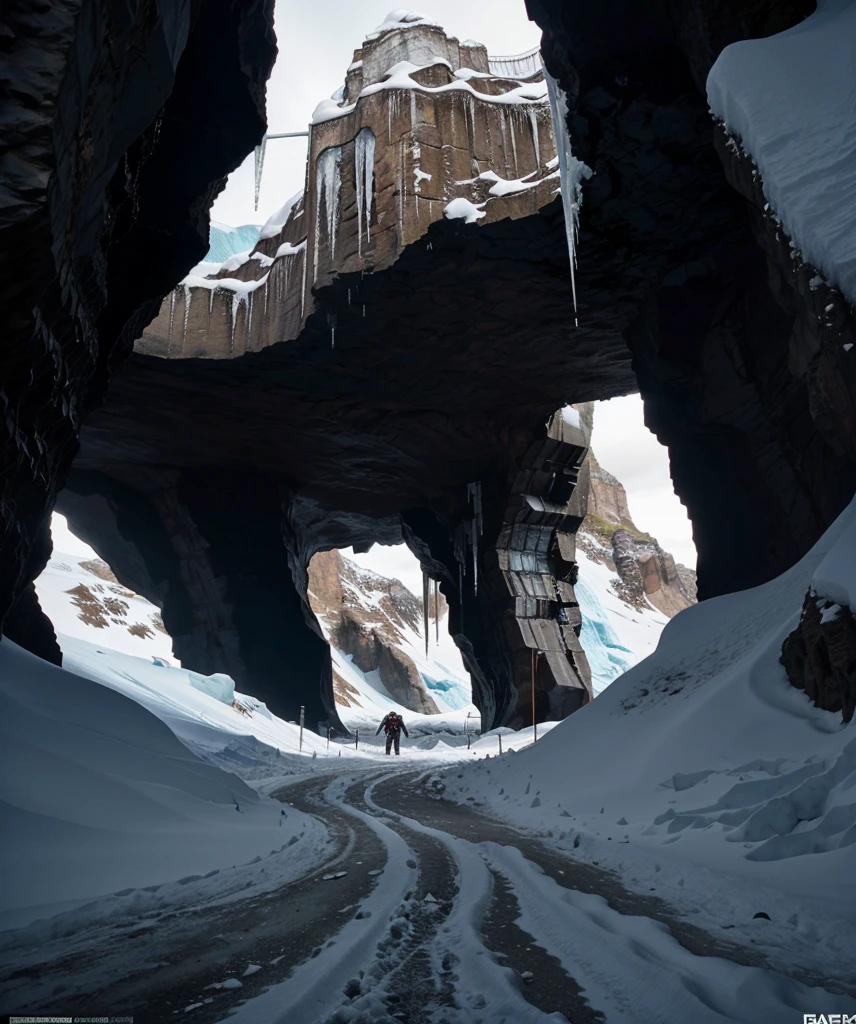 Cyberpunk, mechanical, broken, there is a picture of a very large iceberg, cyberpunk, mechanical, broken, with a lot of snow, dungeon background, icicle background, arena background, game background, dark dark cave background,