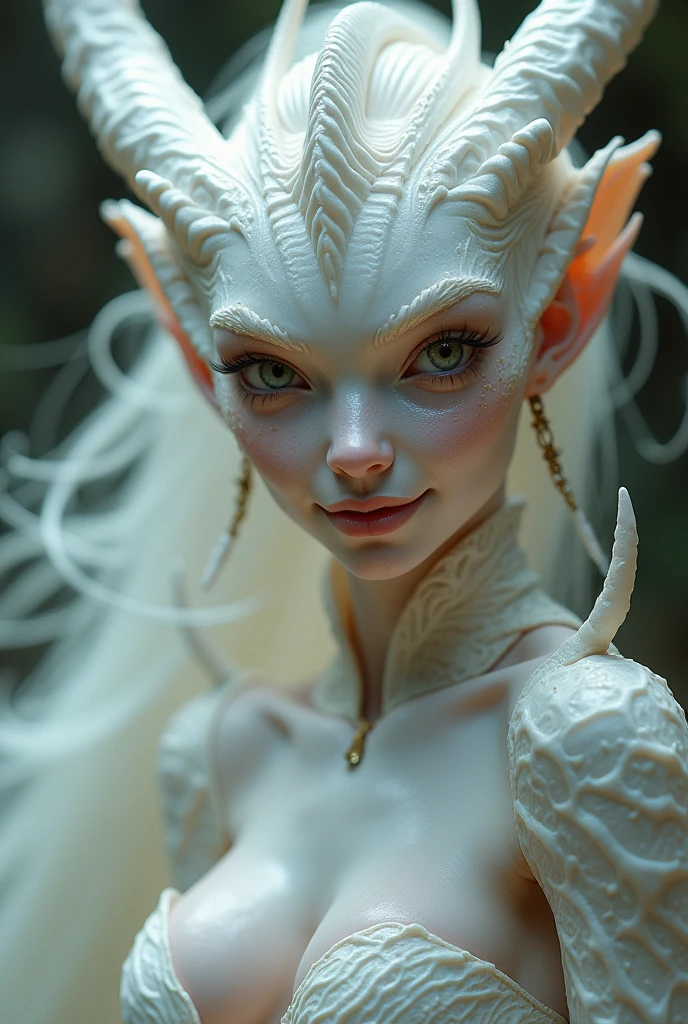 ((perfect anatomy:1.2,realistic:1.3,RAW Photography:1.3,masterpiece、highest quality、Ultra - High resolution、High resolution、Highly detailed CG、8K)), This artwork should be hyper-realistic, capturing every detail with stunning clarity, Imagine a female albino dragonkin, Clad in minimal attire that hints at her draconic heritage, The outfit should be alluring ,overly revealing,(((exposed breasts))), unzipped:1.2, ((breasts popping out)), ((costume is unzipped from her chest to her vagina)), narrow waist, wide hips ((bare chest)), slender body, thigh gap, small head:1.5,skinny, (oily skin,gleaming skin,pale skin,sweat:1.2), Consider incorporating subtle draconic features, like a powerful tail coiled around her leg or a pair of shimmering wings partially unfurled behind her, This dragonkin possesses an ethereal beauty, with flawless human features and captivating eyes that shimmer with an air of mystery and power, Her expression should be one of captivating confidence, with a playful smirk that draws attention, Capture the subtle differences in texture between her flawless skin and any draconic features , like shimmering scales along her jawline , keep the focus on the beauty of her human face, focus on creating a sense of alluring mystery, Let the pose and clothing hint at her naughtiness and allure and being overly revealing, Emphasize the unique draconic features, but ensure they complement her human beauty, not detract from it, Consider including subtle details like scales on her arms, a hint of a tail, or vibrant eyes with a reptilian iridescence, This artwork should exude an air of beauty and naghtiness, The dragonkin holds a captivating presence that both attracts and intrigues, full body, show full body, NSFW,
