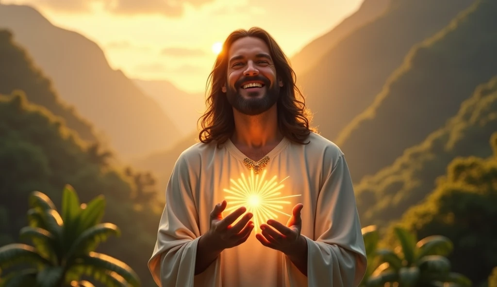 Ultra realistic Christ smiling with loving face with hands in blessing gesture to the viewer. his heart is ultra radiant with light, loving, shining eyes to the viewer, convey depth and tropical mountain background and afternoon solder