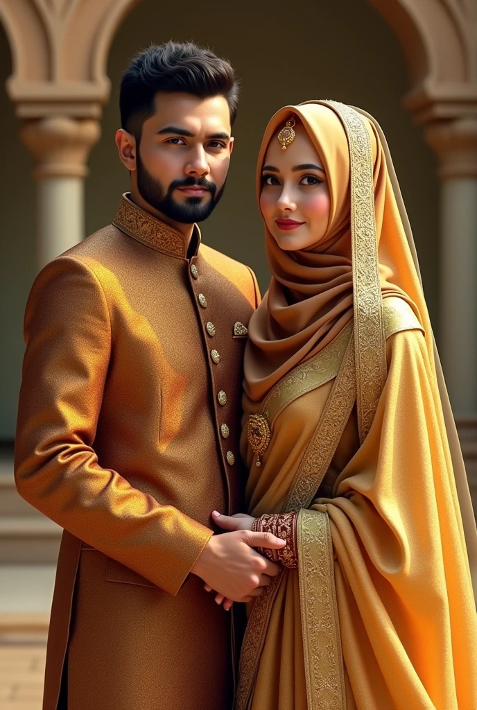 muslim Bride in golden sharee with golden hijab and maroon veil. No skin or hair will be visible. groom in golden kurta with modern maroon eaist coat. No hat, no beard.