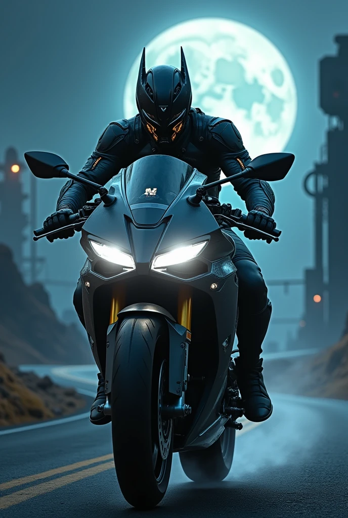 Create an image of a man with an angry helmet riding a custom motorcycle on a full moon night