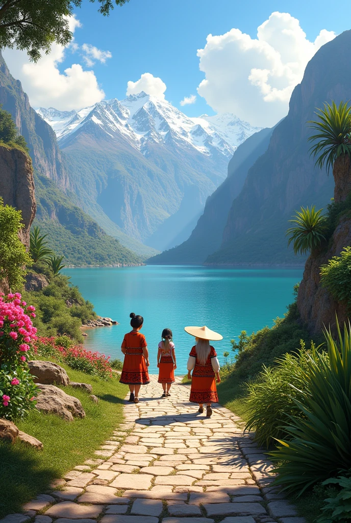 Stone path leading to a pixar-style Peruvian lake
