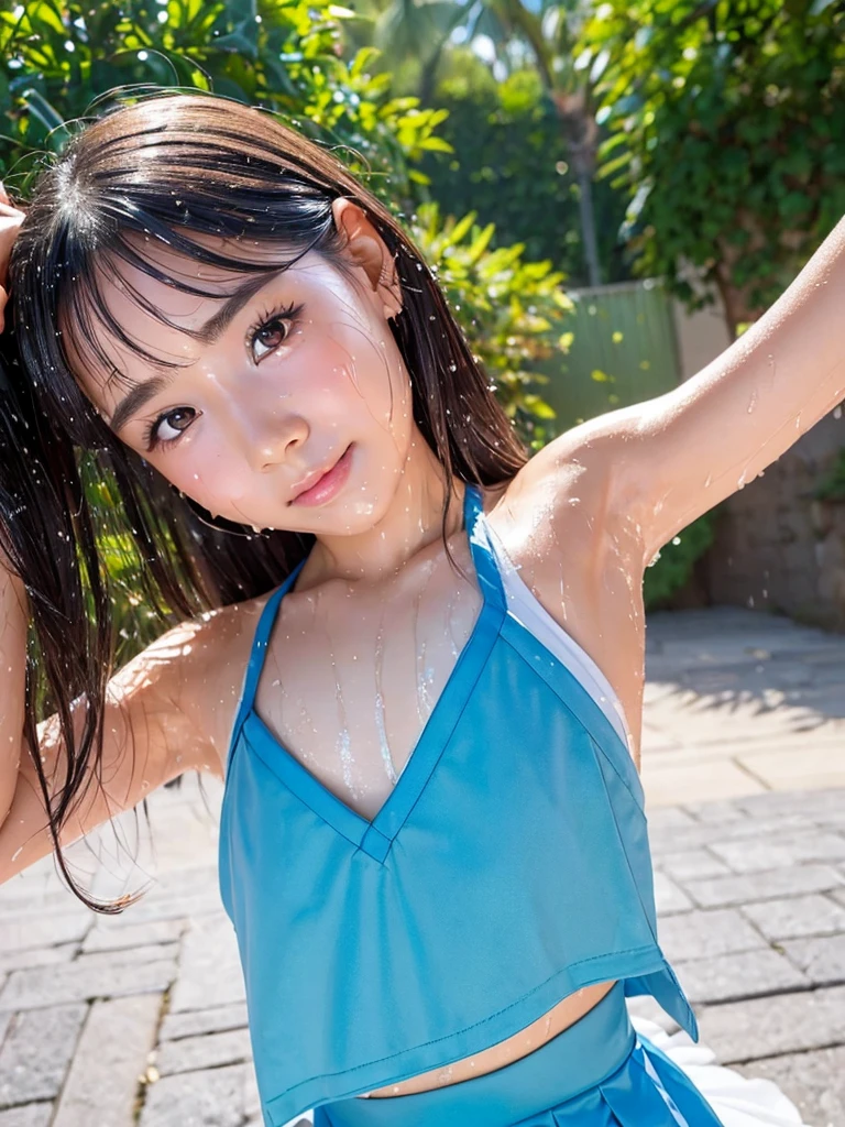 (best quality:1.2), masterpiece, Realistic, Ultra-high resolution, ((a beautiful Japanese idol girl:1.2)), (Gaunt:1.3), ((natural makeup:1.2)), (((Very flat chest:1.4))), ((Baby Face:1.3)), ((upper body)), (nup, cheerleader:1.2), (show me your armpit:1.2), (sweaty armpit), ((Armpits are wet and shiny with sweat)), She has skin that sweats easily Soaking wet, Sweaty, (I can see my pores:1.2), topless, solo, smile, standing, looking at viewer