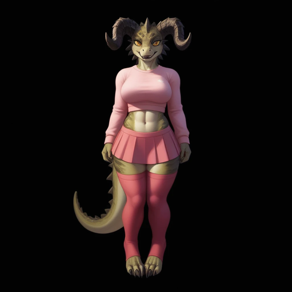 (((Masterpiece))), ((4k)), (best body), Solo, score_9,score_8_up,score_7_up, kemono style, Anthro deathclaw from fallout, Anthro reptile girl, snout, green scaled skin, gold eyes, black lips, black horns, black ram horns, athletic body, smiling, wearing brown laced tank top, pov, pov she is holding viewers face, pov she is holding viewer, simple grey background