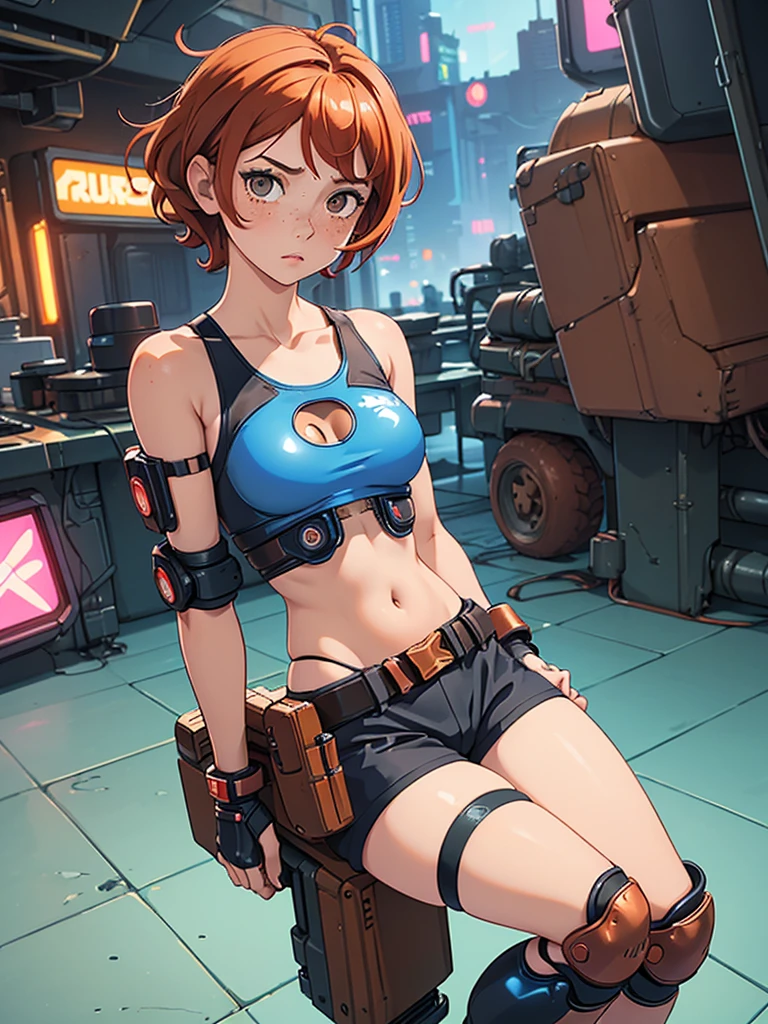 (((solo,1woman, mature, alone))), rahab, ((short brown hair, hair cover eyes, muscular female, makeup, narrow waist, skinny, medium breasts,)), pelvic curtain, ((black panties, black bra, blue details, armored legwear)), full body, perfect body, (insanely detailed, beautiful detailed face, masterpiece, best quality), (extremely detailed 8k paper CG wall unit: 1.1), (spaceport, spaceship, cyberpunk, space, room), cameltoe view, cameltoe, View from above, Diagonal view