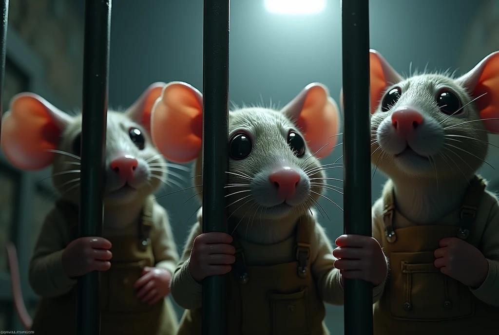 A distressing scene of several anthropomorphic rats trapped in a dark, damp cell. They wear worn and dirty work clothes., like workmen's overalls, wrinkled office uniforms, and stained aprons. Each mouse has visibly sad facial expressions, with tears streaming from his eyes. Their gazes are empty and apathetic, reflecting the despair and exhaustion of their lives. The dim light coming through the cell bars illuminates their faces dramatically., highlighting the tears falling on his wet whiskers. The atmosphere is gloomy, with cold stone walls and concrete floors, reinforcing the feeling of imprisonment and desolation. The image should capture the deep sadness and sense of despair of the rats.