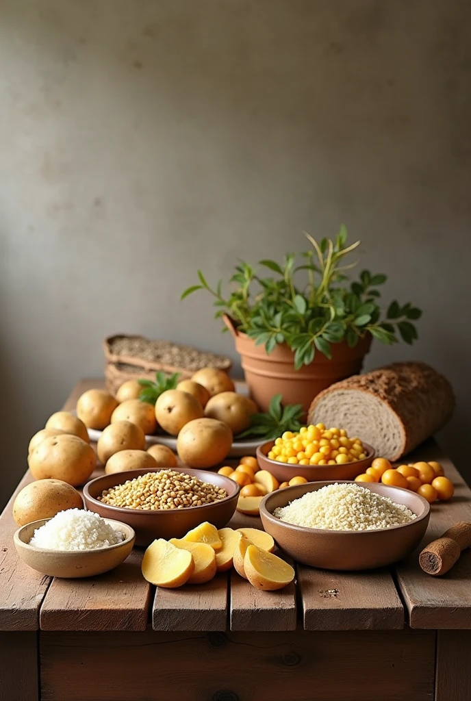 a homely wooden table with potatoes, videos, rice, potato, and other carbohydrates