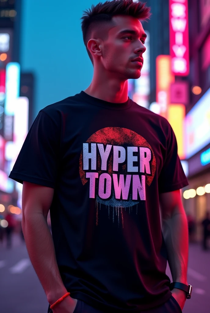 The shirt in Fivem says "Hyper Town" in black.