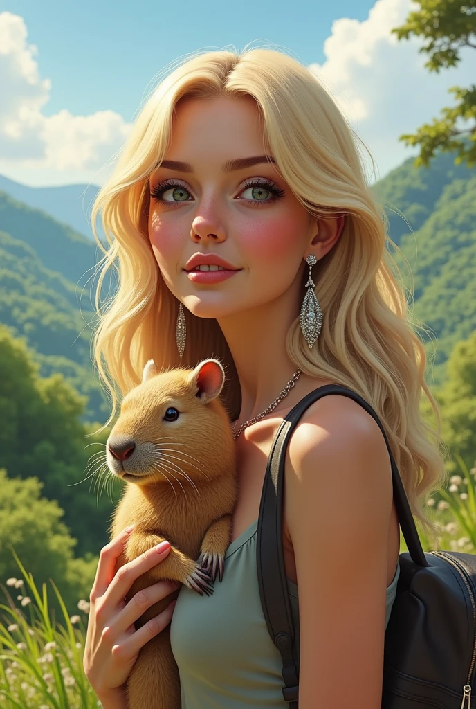 fanart of italian blonde, wavyhair, long silver earrings, rosy cheeks and nose tips, pet capybara on a trip to the southern Brazilian countryside in light clothing, but discreet, that don&#39;t show too much skin