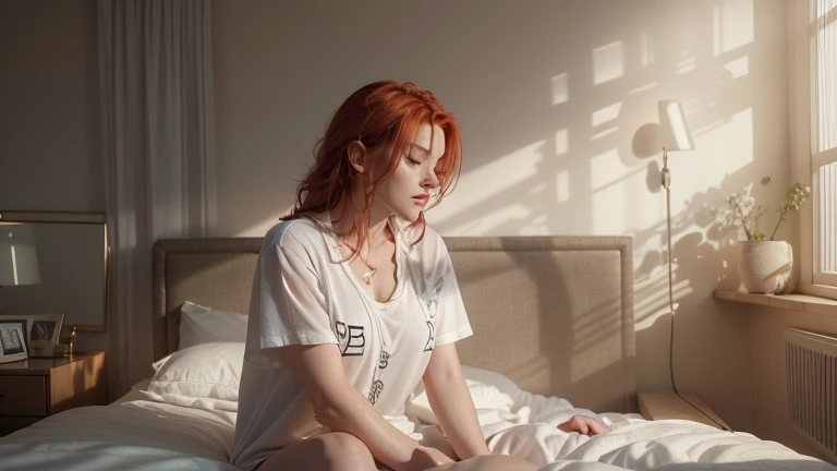 A woman with red hair and a white watch, waking up in an ultra-realistic digital art style. The image is in 4K, showcasing every detail with precision. Full-body scene, capturing the moment she wakes up in her bed, with soft morning light filtering through the room. The focus remains on the realism and consistency of her appearance as she begins her day