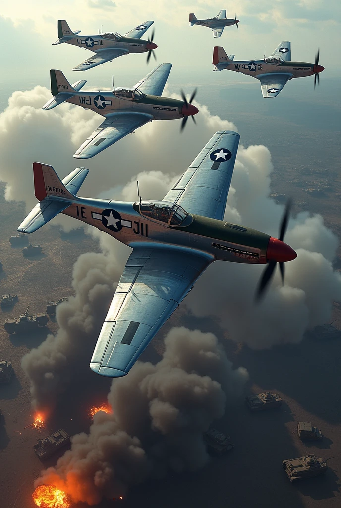 Squadron in Formation: A group of P-51 Mustang planes flying in formation over a battlefield, with smoke trails drawing patterns in the sky. Below, the terrain shows signs of conflict, with explosions and moving tanks.
"hyper realistic"