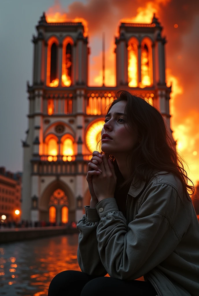 A woman crying in front of the burning Notre Dame