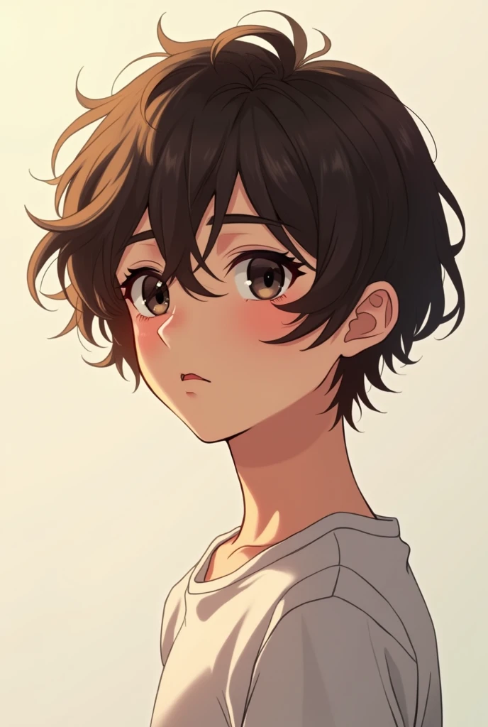 Anime version boy with short brown hair to the shoulder, delgado, mestizo skin and black eyes