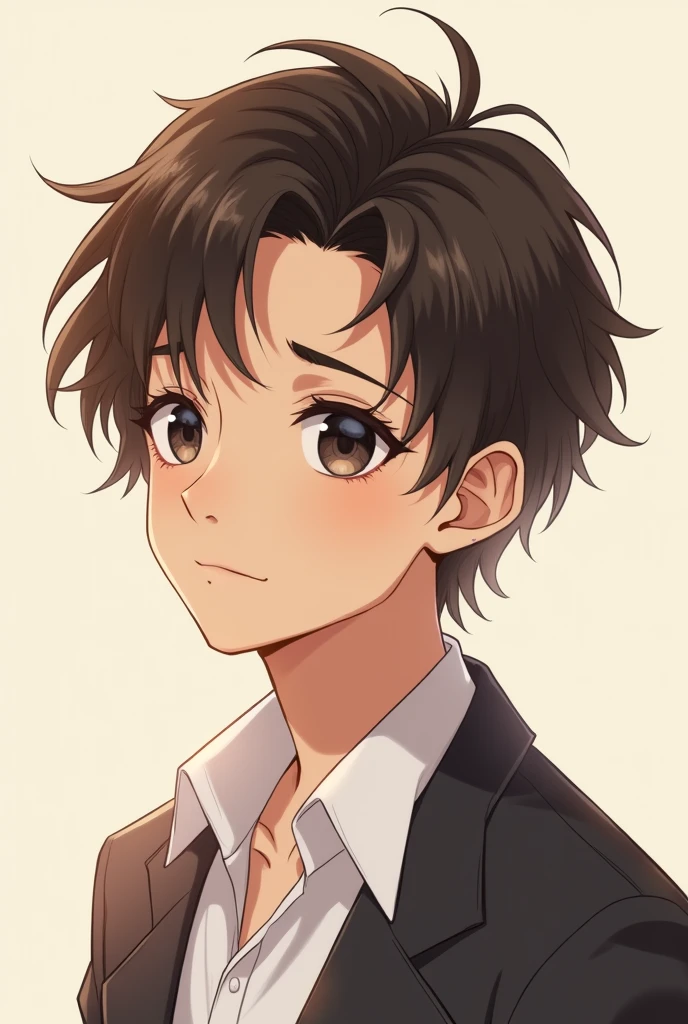Anime version boy with short brown hair to the shoulder, delgado, mestizo skin and black eyes