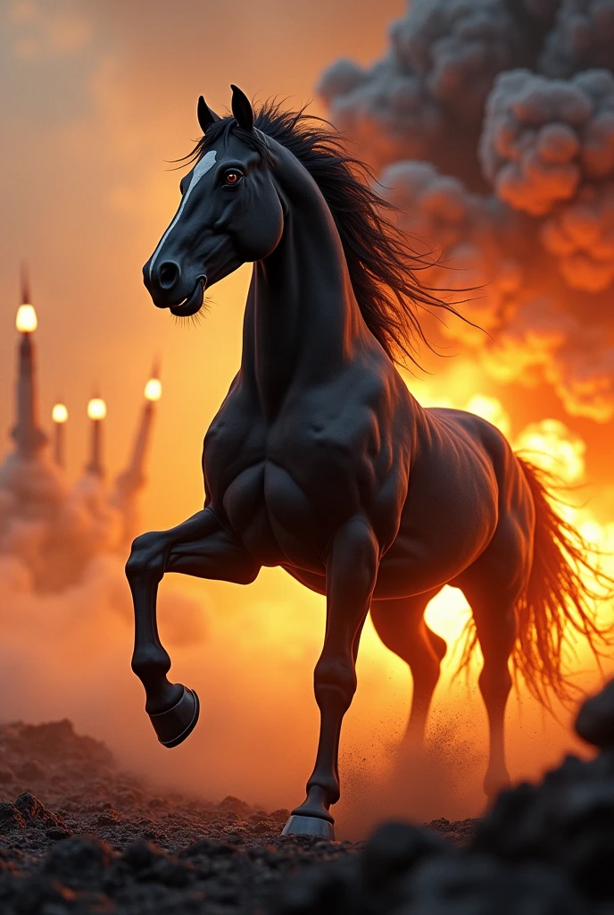 Erstelle ein Bild mit einem black angreifenden aggressiven mächtigrn zugpferd
hengst
mit atrken Muskeln und Adern und feuerroten Augenund einem offenem maul. It stands on its hind legs and the front legs are stretched high in the air. black, carbonizing, flames ground in stomps. The background should be a flaming inferno so that you can see the heat. There are rockets in the sky that are being intercepted