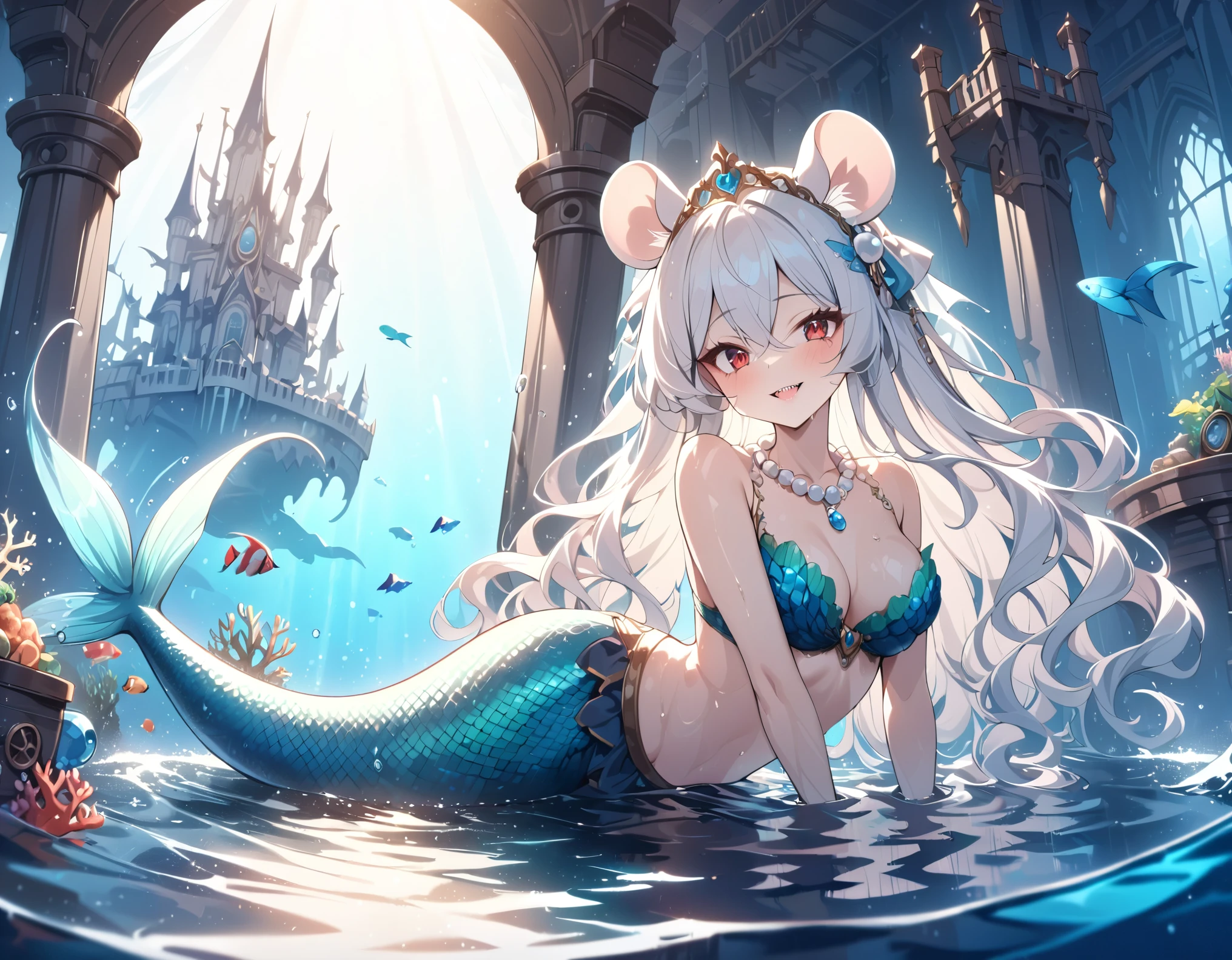 (best quality,4k,8k,highres,masterpiece:1.2),ultra-detailed, drawn in anime style, Pretty anthropomorphic albino mouse girl magically transformed into a beautiful mermaid princess, race swap, fantastic transformation, sharp teeth, beautifully detailed lips with lipstick, she’s smiling, steampunk, fishlike, wet body, very long curly white hair adorned with hair accessories, red eyes with long eyelashes, white fur, slim body, red manicured nails, whiskers, mouse ears with pearls hanging on them, long mermaid tail below waistline with shimmering cyan fish scales, pelvic and dorsal fins, a pair of fish gills on her torso, highly detailed seashell bra with intricate patterns, pearl bracelets, pearl necklace, tiara made of seashells, veil skirt, joyful expression, playful mermaid poses, sparkling water, water reflections, ethereal atmosphere, subtle glow, whimsical and enchanting, floating gracefully, underwater castle interior, ina intricately decorated throne room, colorful coral reef, magical underwater lighting, vivid colors, breathing underwater, endless ocean depths, sunlight filtering through the water, Highly detailed, masterpiece, high quality, 4K.