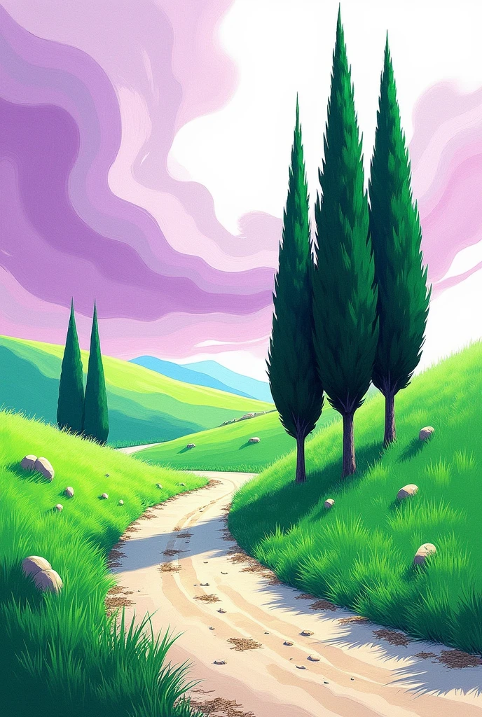 A landscape drawing using the bichrome technique, In the landscape you can see a dirt road with 3 cypress trees (Two to my RIGHT and one to my LEFT, the one on the LEFT a little further away than the other 2 ), straw in the grass and a hill or hills behind. The colors should be bright and cheerful BICHROMY; GREEN AND PURPLE are the ONLY colors in the entire drawing.
technique: BICHROMIA It is an abstract work, in organic forms, the sky is drawn in abstract shapes