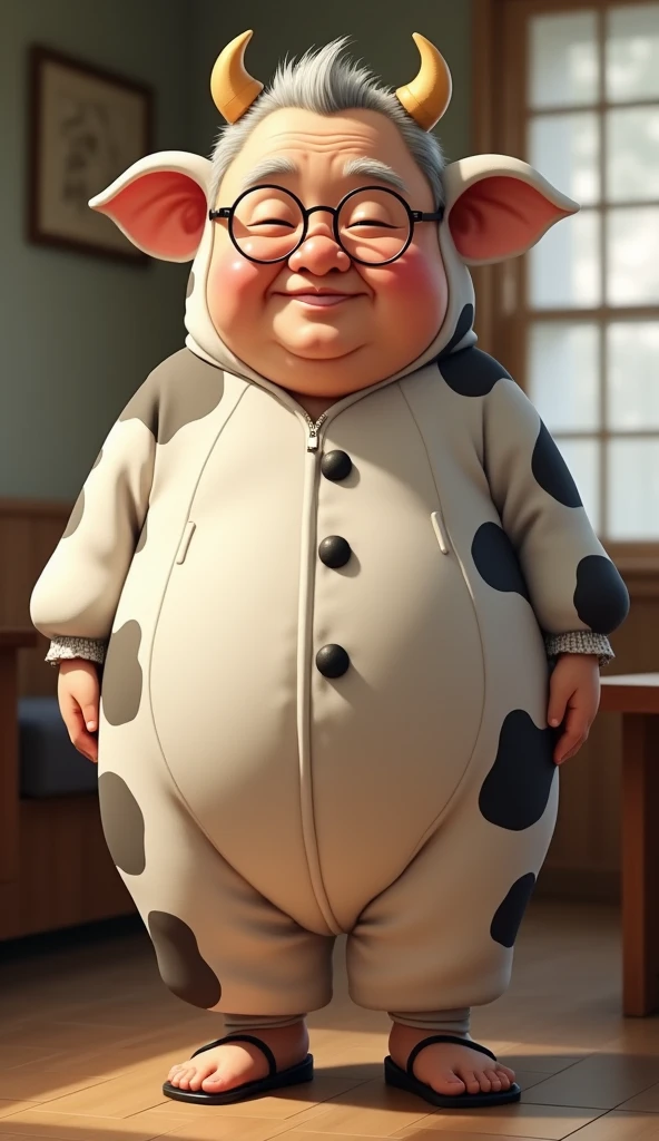 High resolution, masterpiece, In the whole body frame、Full body standing、Japanese、Ultra-short stature、Fat and obese grandpa、A soothing and charming face、Small lens round rimmed glasses、smile、Cleanliness、Thinning grey hair、Blushing, Clothing: Wearing a cow costume、Background room、Low table