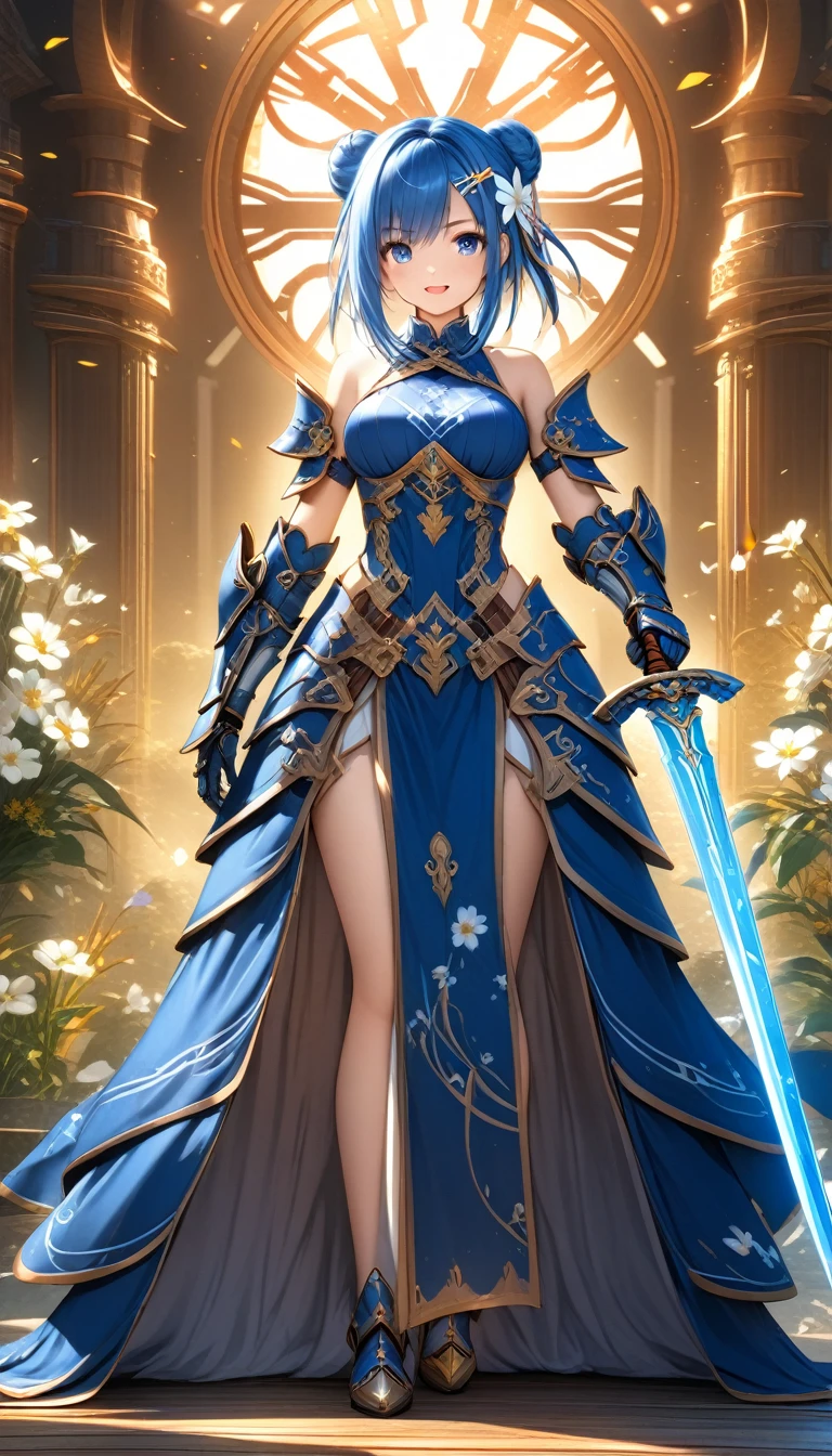 1girl, solo, breasts, looking at viewer, blush, smile, open mouth, bangs, blue eyes, skirt, hair ornament, gloves, dress, holding, bare shoulders, medium breasts, blue hair, standing, weapon, flower, :d, sleeveless, fang, sword, hair bun, holding weapon, armor, grey eyes, petals, double bun, headphones, holding sword, x hair ornament, white flower, gauntlets, pelvic curtain, armored dress, ((32k)), ((best quality)), ((ultra high res)), ((HDR)), ((UHD)), ((extremely detailed CG)), ((unity 32k wallpaper)), 