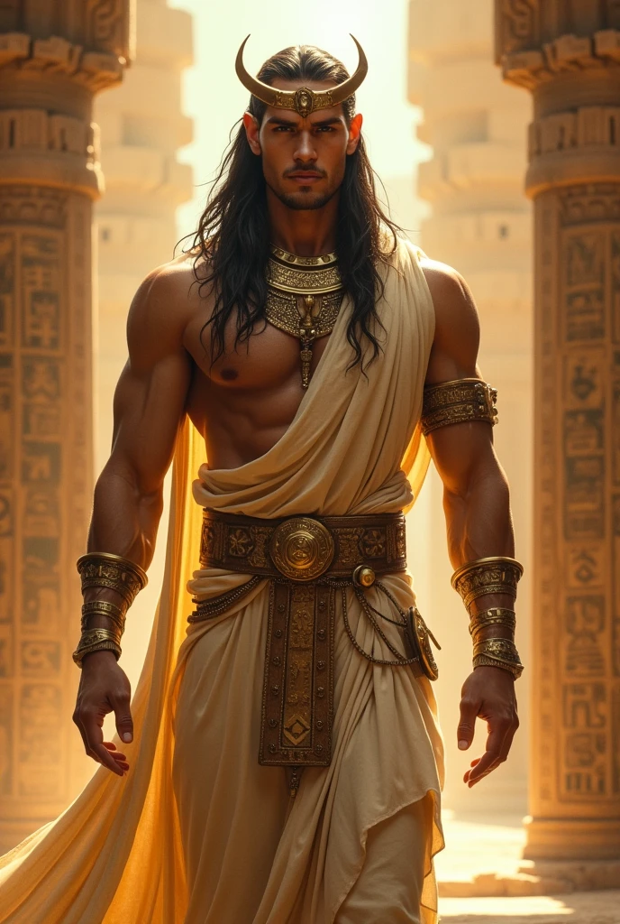 Create an Aasimar with Egyptian features and clothing, make him with masculine features, make him have less muscles and look wiser, leave him without elven features, make him have no muscles, take off your ears