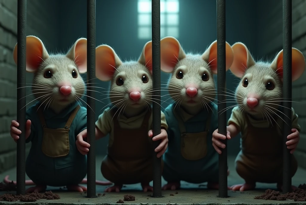 A distressing scene of several anthropomorphic rats trapped in a dark, damp cell. They wear worn and dirty work clothes., like workmen&#39;s overalls, wrinkled office uniforms, and stained aprons. Each mouse has visibly sad facial expressions, with tears streaming from his eyes. Their gazes are empty and apathetic, reflecting the despair and exhaustion of their lives. The dim light coming through the cell bars illuminates their faces dramatically., highlighting the tears falling on his wet whiskers. The atmosphere is gloomy, with cold stone walls and concrete floors, reinforcing the feeling of imprisonment and desolation. The image should capture the deep sadness and sense of despair of the rats.
