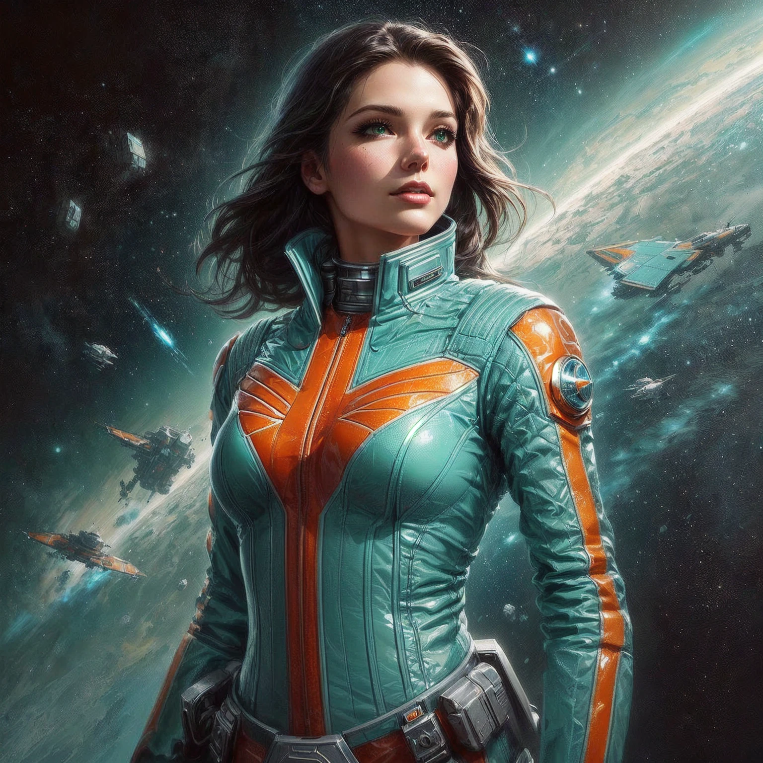 a painting of a woman in a tight green and orange latex outfit, artgerm julie bell beeple, chris moore. artgerm, artgerm jsc, portrait armored astronaut girl, portrait of a sci - fi woman, scifi woman, detailed sci-fi art, beautiful woman in spacesuit, beautiful sci fi art, epic sci-fi character art