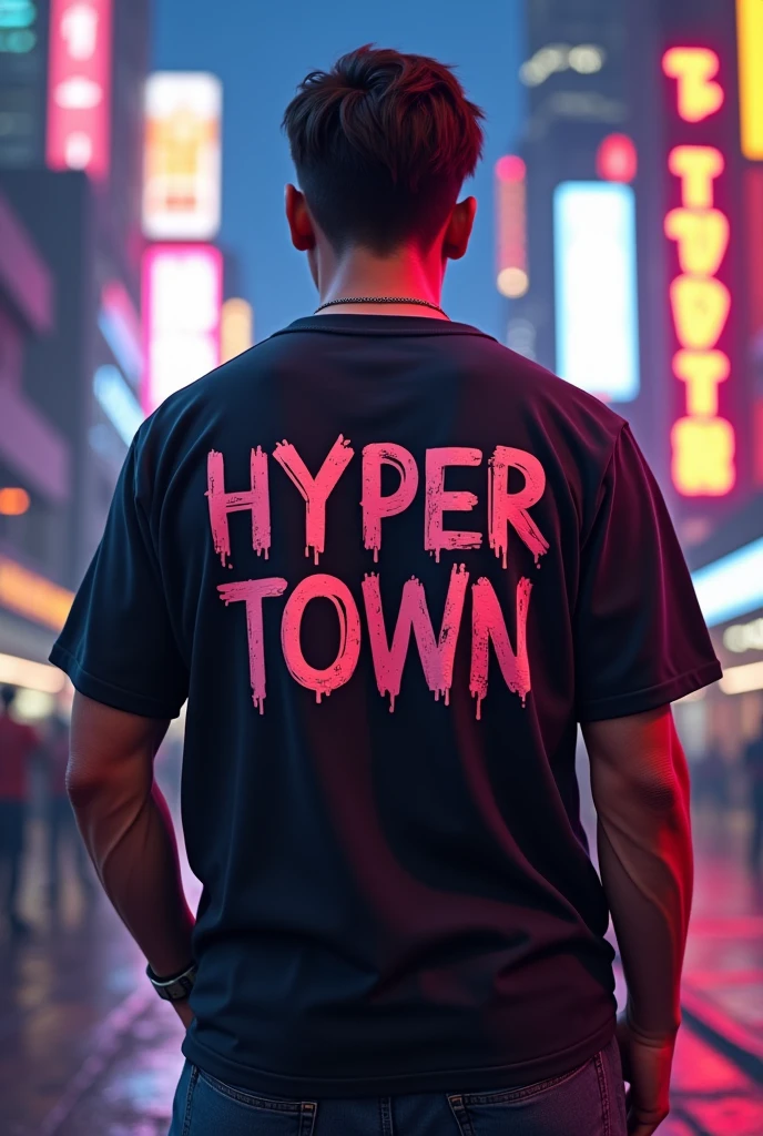 The shirt in GTAV Fivem says "Hyper Town" in black.