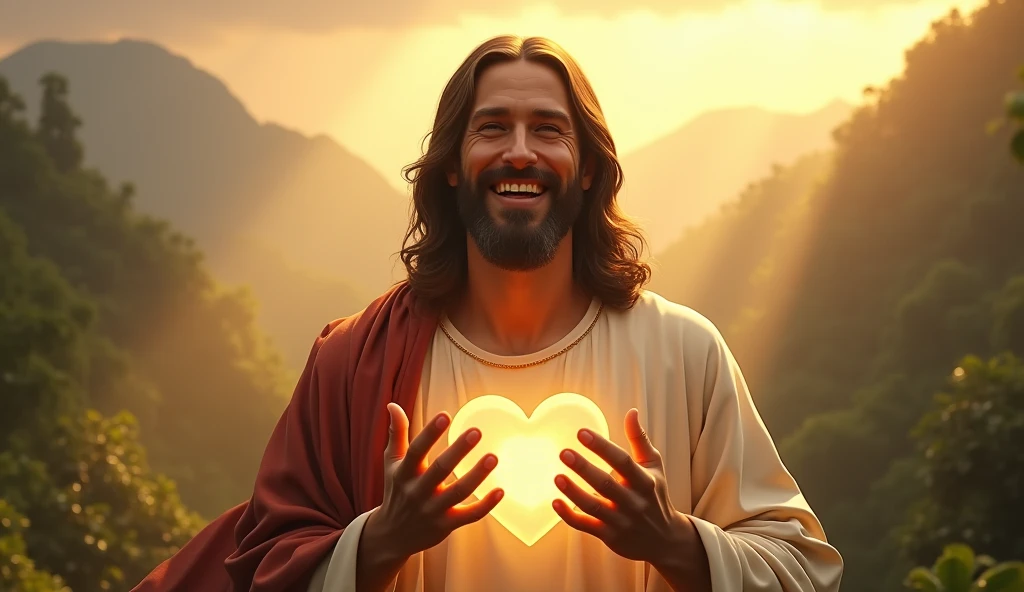 Ultra realistic Christ smiling with loving face with hands in blessing gesture to the viewer. his heart is ultra radiant with light, loving, shining eyes to the viewer, convey depth and tropical mountain background and afternoon sun with many rays of light coming from the sky