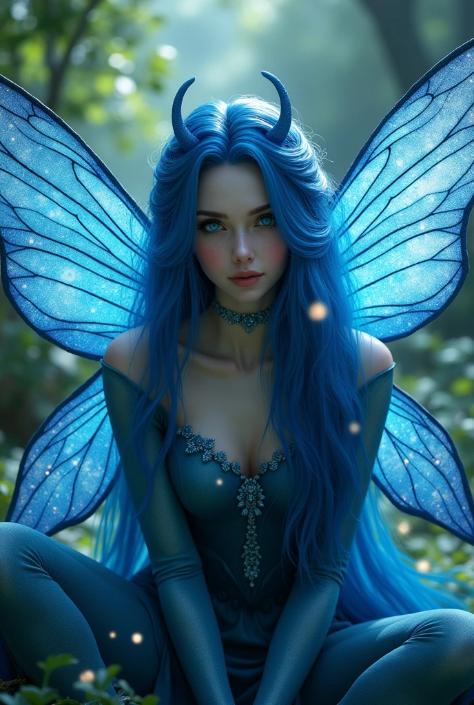 An adult fairy with blue long hair and blue eyes. She has deep blue fairy wings, which are wetted by water. She has a wise expression.