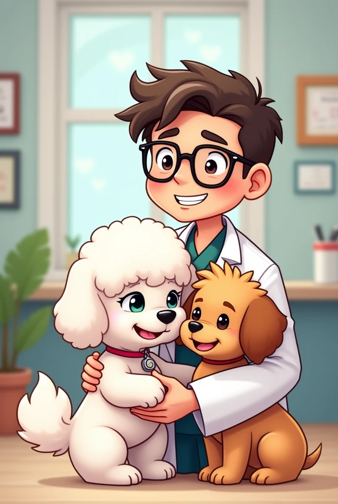 Draw a picture of a male veterinarian hugging a white poodle and a Yorkshire terrier with short, spiky hair. styled: chibi.
