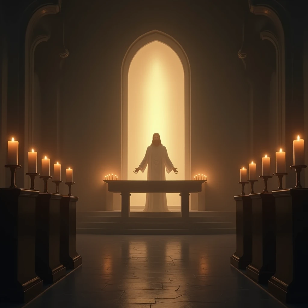 Visualize a humble, candlelit chapel with an empty altar. The warm light from the candles flickers softly, and a faint silhouette of Jesus is visible through the glow, embodying the essence of faith in what is not visible to the eye.